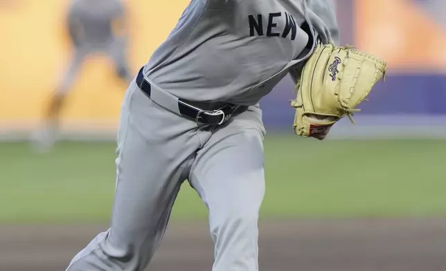 New York Yankees' Will Warren pitches to the Tampa Bay Rays during the second inning of a baseball game Thursday, April 17, 2025, in Tampa, Fla. (AP Photo/Chris O'Meara)