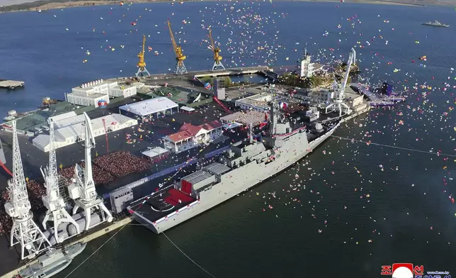 This photo provided by the North Korean government shows a new naval destroyer unveiled during a launching ceremony at a western port in Nampo, North Korea, Friday, April 25, 2025. Independent journalists were not given access to cover the event depicted in this image distributed by the North Korean government. The content of this image is as provided and cannot be independently verified. Korean language watermark on image as provided by source reads: "KCNA" which is the abbreviation for Korean Central News Agency. (Korean Central News Agency/Korea News Service via AP)