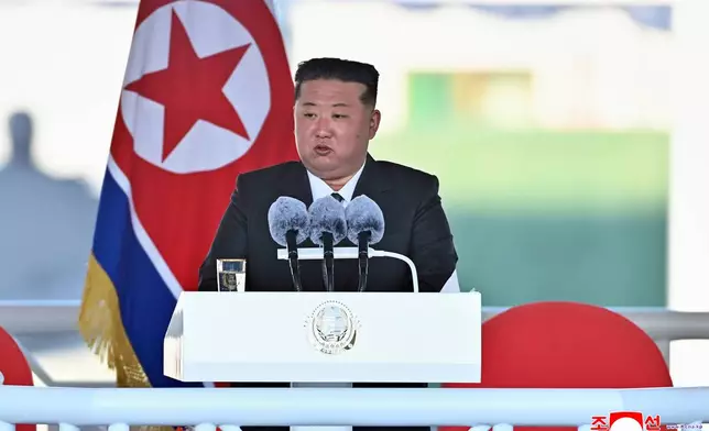 In this photo provided by the North Korean government, its leader Kim Jong Un speaks during a launching ceremony of a new naval destroyer at a western port in Nampo, North Korea, Friday, April 25, 2025. Independent journalists were not given access to cover the event depicted in this image distributed by the North Korean government. The content of this image is as provided and cannot be independently verified. Korean language watermark on image as provided by source reads: "KCNA" which is the abbreviation for Korean Central News Agency. (Korean Central News Agency/Korea News Service via AP)