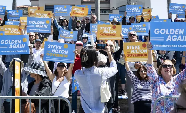 Supporters cheer for Steve Hilton as he announced his run for California governor, as a Republican to replace Democrat Gavin Newsom, during an event in Huntington Beach, Calif., Tuesday, April 22, 2025. (Paul Bersebach/The Orange County Register via AP)