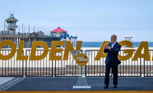 Author and former Fox News host Steve Hilton announced his run for California governor, as a Republican to replace Democrat Gavin Newsom, during an event in Huntington Beach, Calif., Tuesday, April 22, 2025. (Paul Bersebach/The Orange County Register via AP)