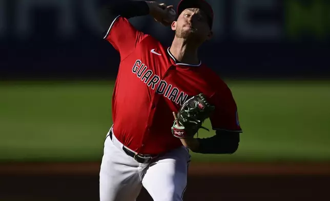 Cleveland Guardians starting pitcher Tanner Bibee delivers during the first inning of a baseball game against the New York Yankees Tuesday, April 22, 2025, in Cleveland. (AP Photo/David Dermer)