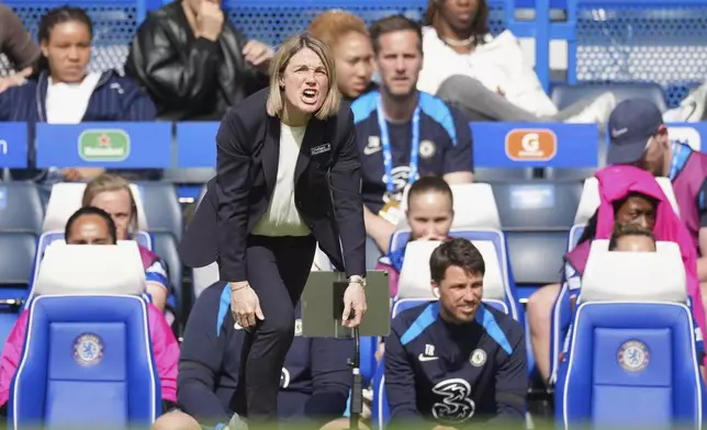 Chelsea coach Sonia Bompastor shouts during the women's Champions League semifinals, second leg, soccer match between Chelsea FC and FC Barcelona at Stamford Bridge in London, Sunday, April 27, 2025. (AP Photo/Dave Shopland)