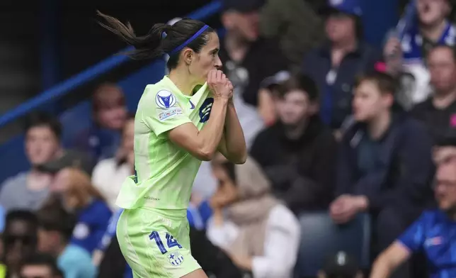 Barcelona's Aitana Bonmati celebrates after scoring the opening goal during the women's Champions League semifinals, second leg, soccer match between Chelsea FC and FC Barcelona at Stamford Bridge in London, Sunday, April 27, 2025. (AP Photo/Dave Shopland)