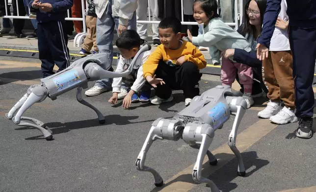Children react to four legged robots performing before the award ceremony of the Humanoid Robot Half-Marathon held in Beijing on Saturday, April 19, 2025. (AP Photo/Ng Han Guan)