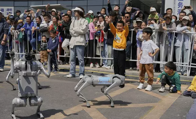Spectators watch four legged robot performance after the Humanoid Robot Half-Marathon held in Beijing on Saturday, April 19, 2025. (AP Photo/Ng Han Guan)