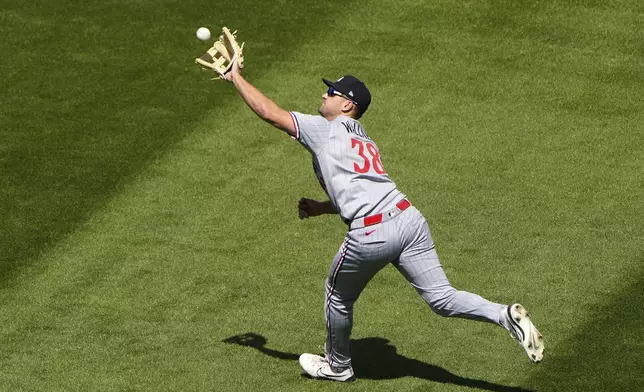 Minnesota Twins right fielder Matt Wallner catches a fly ball for the out on Kansas City Royals' Vinnie Pasquantino during the sixth inning of a baseball game, Thursday, April 10, 2025, in Kansas City, Mo. (AP Photo/Charlie Riedel)