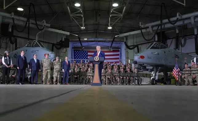 President Donald Trump speaks to members of the Michigan National Guard at Selfridge Air National Guard Base, Tuesday, April 29, 2025, in Harrison Township, Mich. (AP Photo/Alex Brandon)