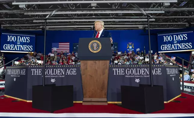 President Donald Trump speaks on his first 100 days at Macomb County Community College Sports Expo Center, Tuesday, April 29, 2025, in Warren, Mich. (AP Photo/Alex Brandon)