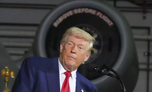 President Donald Trump speaks to members of the Michigan National Guard at Selfridge Air National Guard Base, Tuesday, April 29, 2025, in Harrison Township, Mich. (AP Photo/Alex Brandon)