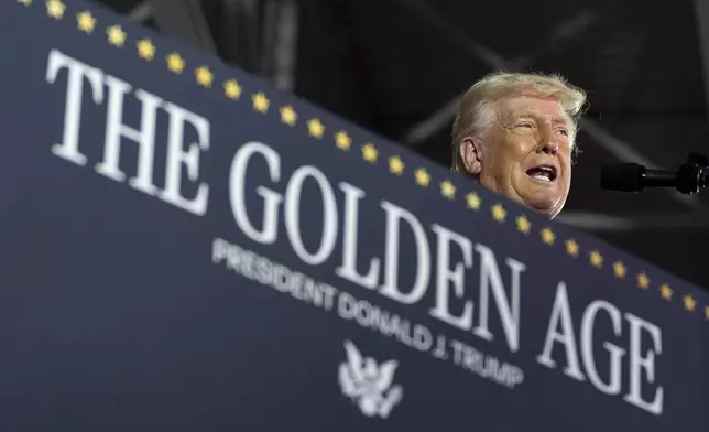 President Donald Trump speaks on his first 100 days at Macomb County Community College Sports Expo Center, Tuesday, April 29, 2025, in Warren, Mich. (AP Photo/Alex Brandon)
