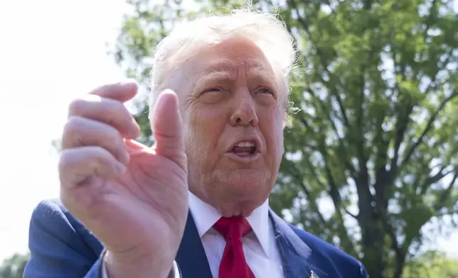 President Donald Trump speaks to reporters as he leaves the White House en route to attend a rally in Macomb County, Mich., to mark the 100th day of his second term in office, Tuesday, April 29, 2025, in Washington. (AP Photo/Manuel Balce Ceneta)