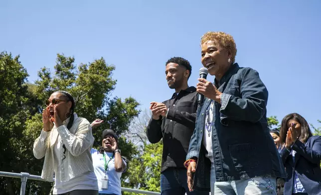 Former Rep. Barbara Lee makes her first public appearance as Oakland's Mayor-elect, alongside interim Mayor Kevin Jenkins, center, and Councilmember At-Large Rowena Brown at the Arroyo Viejo Recreation Center in Oakland in Oakland, Calif., on Saturday, April 19, 2025. (Yalonda M. James/San Francisco Chronicle via AP)