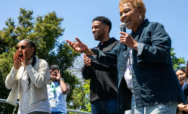 Former Rep. Barbara Lee makes her first public appearance as Oakland's Mayor-elect, alongside interim Mayor Kevin Jenkins at the Arroyo Viejo Recreation Center in Oakland in Oakland, Calif., on Saturday, April 19, 2025. (Yalonda M. James/San Francisco Chronicle via AP)