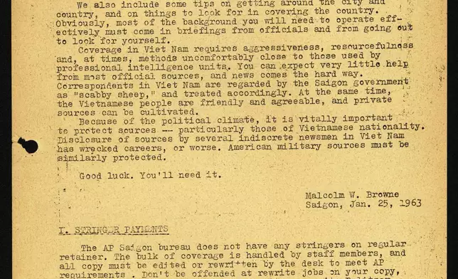 Page 1 of 25 of The Associated Press Short Guide to News Coverage in Vietnam for staffers and stringers covering the Vietnam War, composed in January 1963 by AP Saigon Bureau Chief Malcolm Browne (1931-2012). The 25-page primer, originally written for Horst Faas and Peter Arnett, provides detailed guidance on all aspects of war coverage, including how to move with troops, how to discern accurate information from propaganda and, most importantly, how to stay safe. After Browne left AP, the manual followed him to the ABC bureau in Saigon. (AP Photo/AP Corporate Archives)