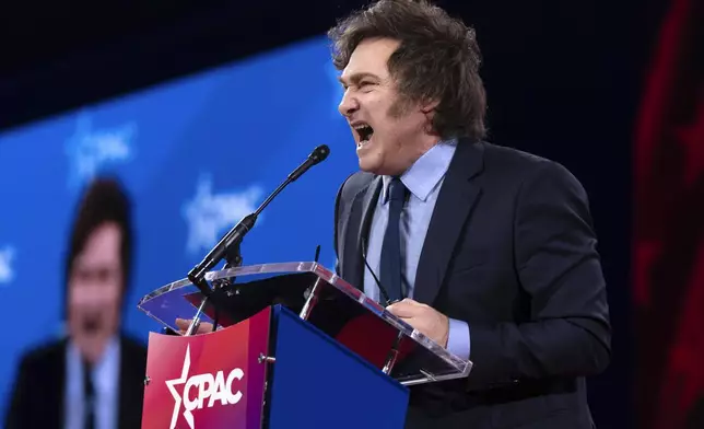 FILE - Argentina's President Javier Milei speaks at the Conservative Political Action Conference (CPAC) at the Gaylord National Resort &amp; Convention Center, Feb. 22, 2025, in Oxon Hill, Md. (AP Photo/Jose Luis Magana, File)