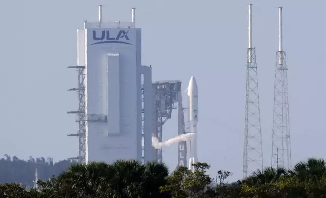 A United Launch Alliance Atlas V rocket with a payload of Amazon's Project Kuiper internet satellites stands ready for launch at Complex 41 at the Cape Canaveral Space Force Station, Monday, April 28, 2025, in Cape Canaveral, Fla. (AP Photo/John Raoux)