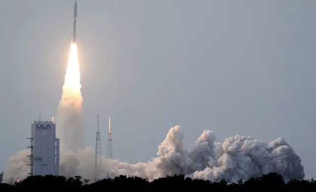 A United Launch Alliance Atlas V rocket with a payload of 27 of Amazon's Project Kuiper internet satellites lifts off from Launch Complex 41 at the Cape Canaveral Space Force Station, Monday, April 28, 2025, in Cape Canaveral, Fla. (AP Photo/John Raoux)