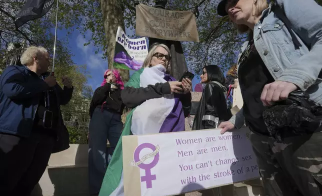 Women's rights activists hold placards outside the Supreme Court to challenge gender recognition laws, in London, Wednesday, April 16, 2025. (AP Photo/Kin Cheung)