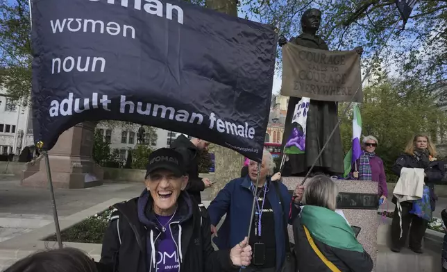 Women's rights activists hold placards outside the Supreme Court to challenge gender recognition laws, in London, Wednesday, April 16, 2025. (AP Photo/Kin Cheung)