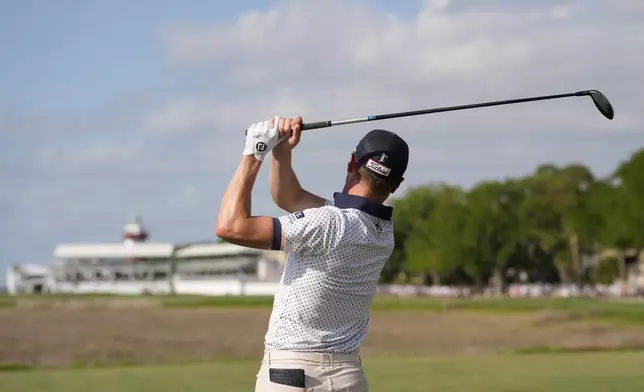 Justin Thomas hits from the 18th tee during the second round of the RBC Heritage golf tournament, Friday, April 18, 2025, in Hilton Head Island, S.C. (AP Photo/Mike Stewart)