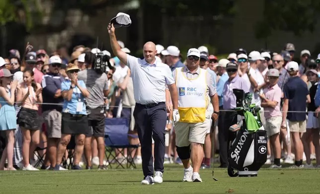 Sepp Straka celebrates his Eagle on the 16th hole during the second round of the RBC Heritage golf tournament, Friday, April 18, 2025, in Hilton Head Island, S.C. (AP Photo/Mike Stewart)