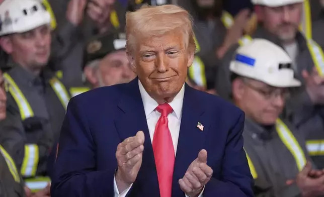 President Donald Trump listens to Jeff Crowe speak during an event on energy production in the East Room of the White House, Tuesday, April 8, 2025, in Washington. (AP Photo/Alex Brandon)