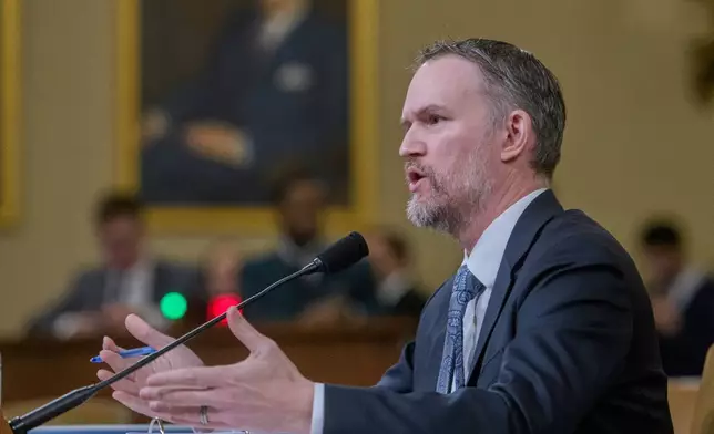U.S. Trade Representative Jamieson Greer testifies during a House Committee on Ways and Means hearing on Capitol Hill, Wednesday, April 9, 2025, in Washington. (AP Photo/Rod Lamkey, Jr.)