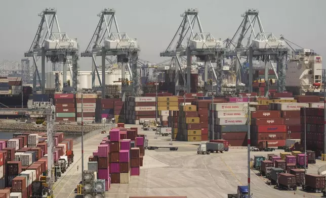 Shipping containers are stacked up at the Port of Los Angeles Wednesday, April 9, 2025, in Los Angeles. (AP Photo/Damian Dovarganes)