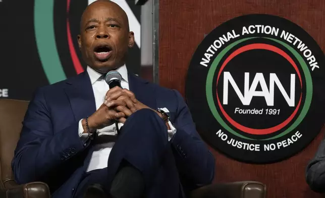 New York Mayor Eric Adams speaks during the New York City Mayoral Candidates Forum at the National Action Network National Convention, Thursday, April 3, 2025, in New York. (AP Photo/Richard Drew)