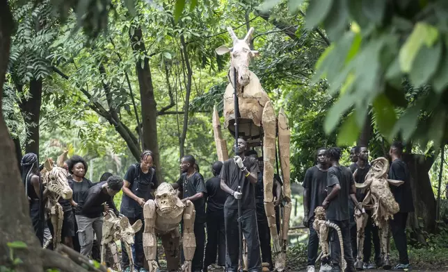 Puppeteers move cardboard animals through DRC's capital Kinshasa's botanical gardens Thursday, April 10, 2025, the first steps of "The Herds", a moving theatre performance that will travel from the Democratic Republic of the Congo to the Arctic Circle in a bid to bring attention to the climate crisis. (AP Photo/Samy Ntumba Shambuyi)