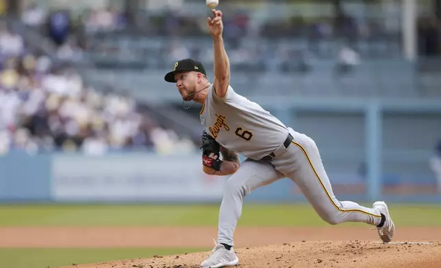 Pittsburgh Pirates pitcher Bailey Falter throws to a Los Angeles Dodgers batter during the first inning of a baseball game against the Los Angeles Dodgers in Los Angeles, Sunday, April 27, 2025. (AP Photo/Jessie Alcheh)