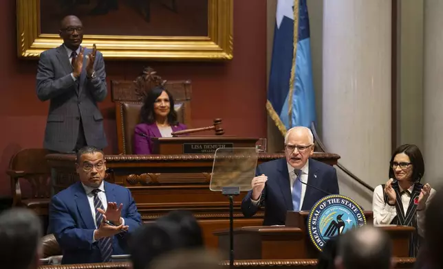 Minnesota Gov. Tim Walz delivers his State of the State address before a joint session of the Legislature at the state Capitol in St. Paul, Minn., Wednesday, April 23, 2025. (Jeff Wheeler/Star Tribune via AP)