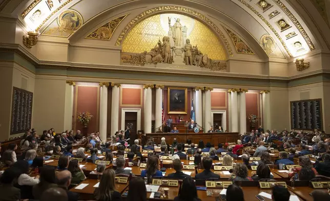 Minnesota Gov. Tim Walz delivers his State of the State address before a joint session of the Legislature at the state Capitol in St. Paul, Minn., Wednesday, April 23, 2025. (Jeff Wheeler/Star Tribune via AP)
