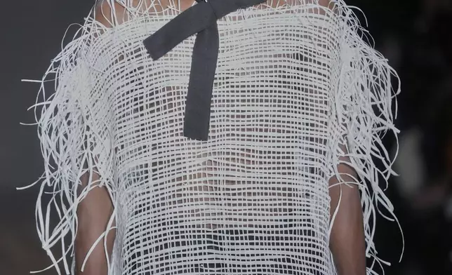 A model wears a creation from Leandro Castro collection during Sao Paulo Fashion Week, Tuesday, April 8, 2025. (AP Photo/Andre Penner)