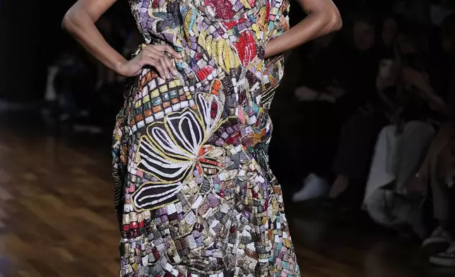 A model wears a creation from the Lino Villaventura collection during Sao Paulo Fashion Week, Tuesday, April 8, 2025. (AP Photo/Andre Penner)