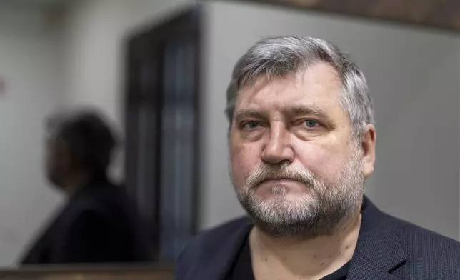 Andrei Bastunets, head of the Belarusian Association of Journalists, is seen in Vilnius, Lithuania, April 10, 2025. (AP Photo/Mindaugas Kulbis)