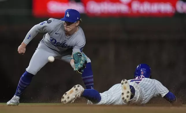 Los Angeles Dodgers first base Kiké Hernández (8), left, can't catch Chicago Cubs' Jon Berti (5) as he steals second base during the eighth inning of a baseball game Tuesday, April 22, 2025, in Chicago. (AP Photo/Erin Hooley)