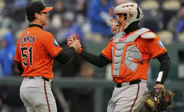 Baltimore Orioles relief pitcher Matt Bowman (51) and catcher Gary Sanchez celebrate after their baseball game against the Kansas City Royals, Saturday, April 5, 2025, in Kansas City, Mo. (AP Photo/Charlie Riedel)
