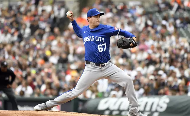 Kansas City Royals starting pitcher Seth Lugo throws during the first inning of a baseball game against the Detroit Tigers, Saturday, April 19, 2025, in Detroit. (AP Photo/Jose Juarez)