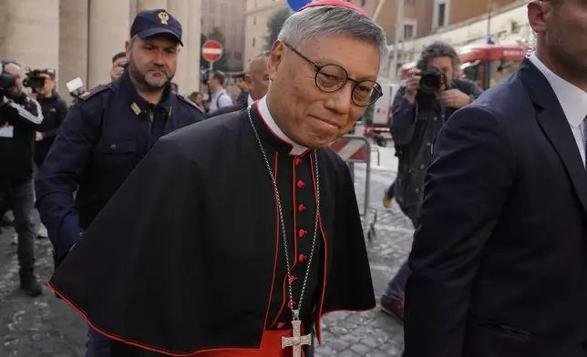 Cardinal Stephen Chow Sau-yan arrives for a college of cardinals' meeting, at the Vatican, Friday, April 25, 2025. (AP Photo/Gregorio Borgia)