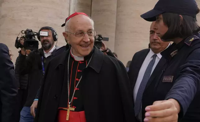 Cardinal Fernando Filoni arrives for a college of cardinals' meeting, at the Vatican, Friday, April 25, 2025. (AP Photo/Gregorio Borgia)