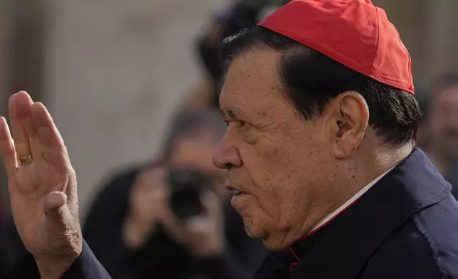 Cardinal Norberto Rivera Carrera arrives for a college of cardinals' meeting, at the Vatican, Friday, April 25, 2025. (AP Photo/Gregorio Borgia)