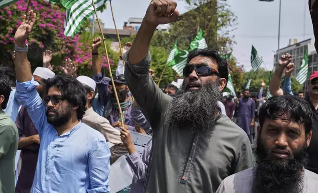 Supporters of the Pakistan Murkazi Muslim League party chant slogans during a demonstration against the suspension of water-sharing treaty by India with Pakistan, in Lahore, Pakistan Thursday, April 24, 2025.(AP Photo/K.M. Chaudary)