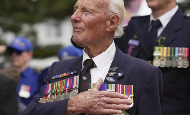 A veteran reacts during the Anzac Day commemorations in Nelson Bay, Australia, Friday, April 25, 2025. (AP Photo/Mark Baker)