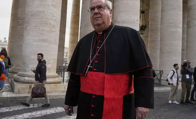 Argentine Cardinal Ángel Sixto Rossi arrives for a college of cardinals' meeting, at the Vatican, Monday, April 28, 2025. (AP Photo/Gregorio Borgia)
