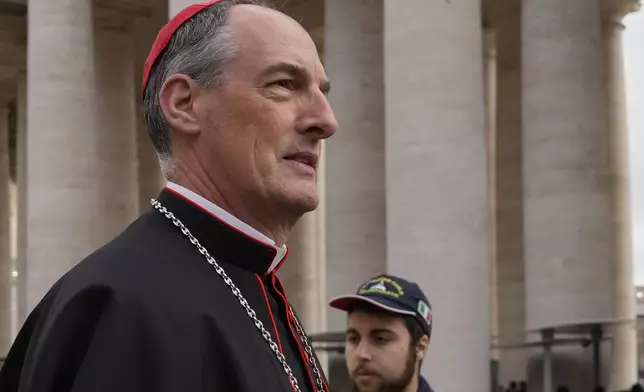 Cardinal François-Xavier Bustillo arrives for a college of cardinals' meeting, at the Vatican, Friday, April 25, 2025. (AP Photo/Gregorio Borgia)