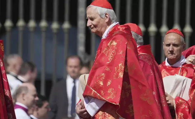 Cardinal Matteo Maria Zuppi arrives for the funeral of Pope Francis in St. Peter's Square at the Vatican, Saturday, April 26, 2025. (AP Photo/Alessandra Tarantino)