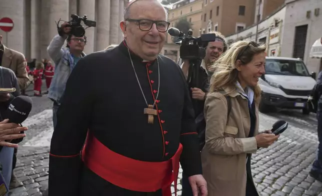 Cardinal Francesco Montenegro arrives for a college of cardinals' meeting at the Vatican, Thursday, April 24, 2025. (AP Photo/Andrew Medichini)