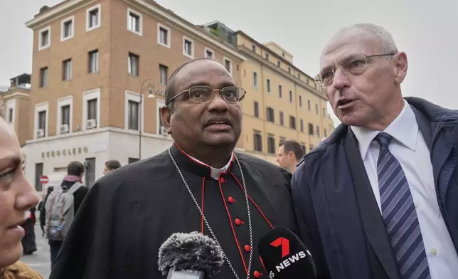 Cardinal Anthony Poola, from India, arrives for a college of cardinals' meeting, at the Vatican, Monday, April 28, 2025. (AP Photo/Gregorio Borgia)